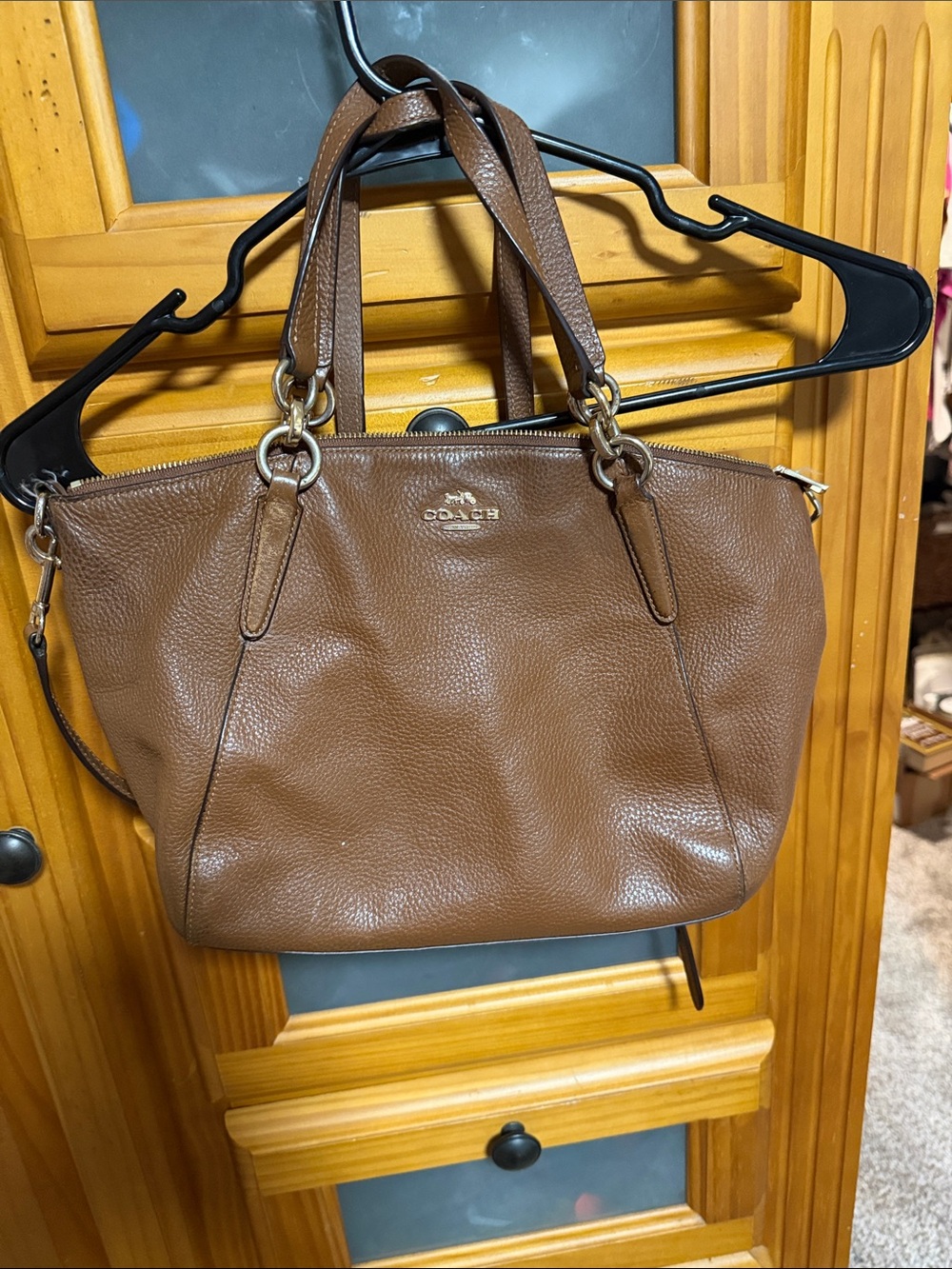 Coach Brown Pebbled Leather Shoulder Tote with Gold Accents